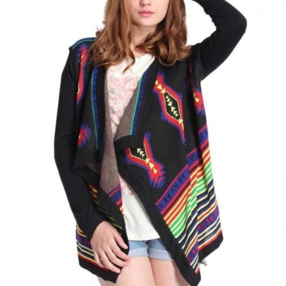 First Nice Sweaters - First Nice Tribal Pattern Soft Knit colorful open draped cardigan sweater